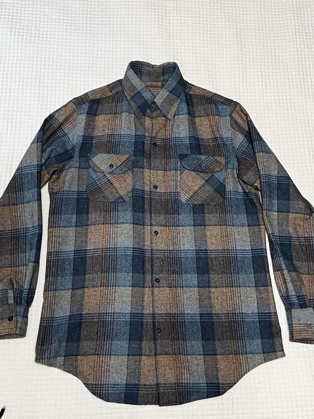 Handmade Wool Plaid Flannel Shirt Blue Brown Gray Button Up Flap Pockets Men’s L